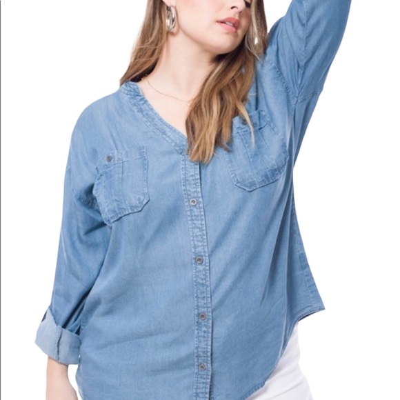 Collarless Chambray Button Down Short - Plus size - Picture 4 of 4